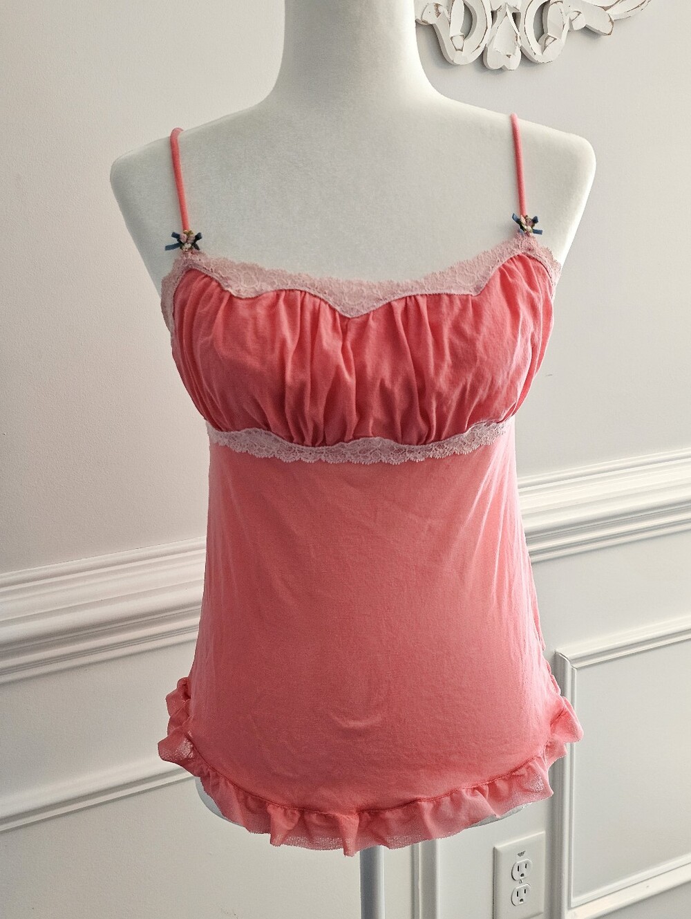 ​Vtg Victoria’s Secret Angels Pink Lace Ruffle Cami- Coquette Babydoll Sleep Top